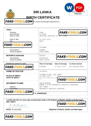 Sri Lanka vital record birth certificate Word and PDF template, completely editable