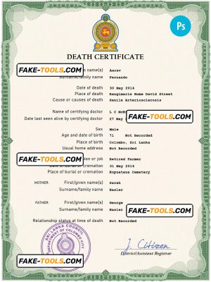 Sri Lanka vital record death certificate PSD template