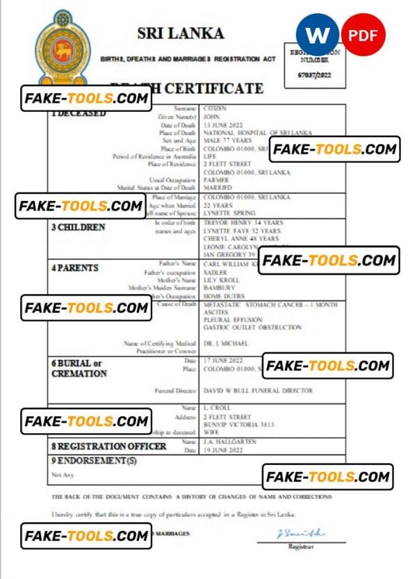 Sri Lanka vital record death certificate Word and PDF template