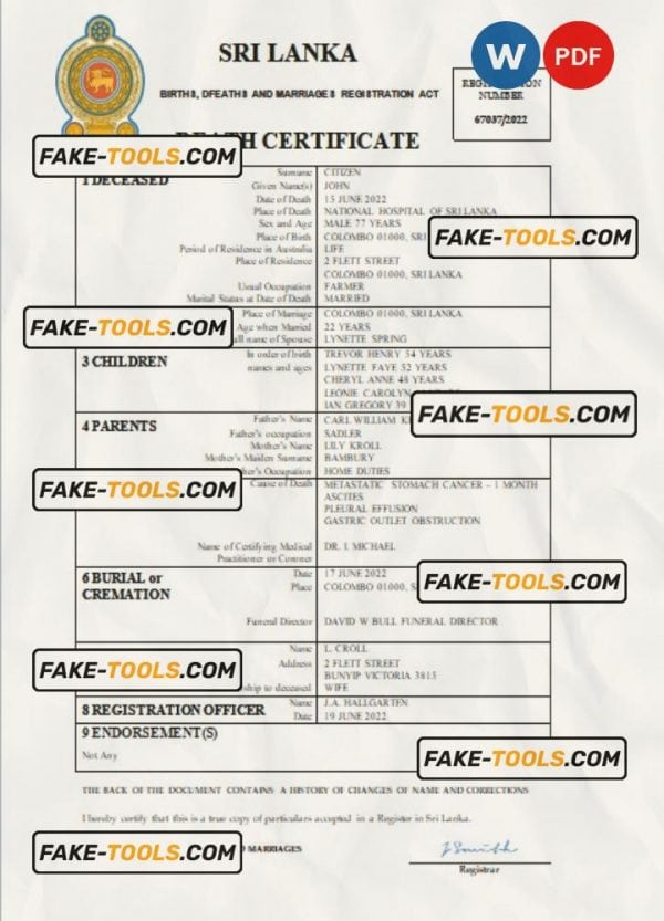 Sri Lanka vital record death certificate Word and PDF template