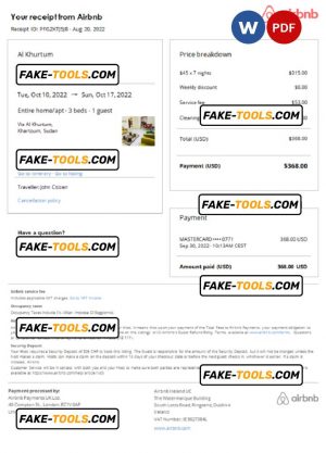 Sudan Airbnb booking confirmation Word and PDF template