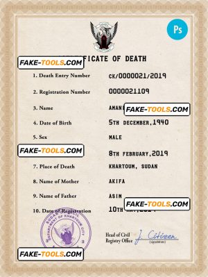 Sudan death certificate PSD template, completely editable