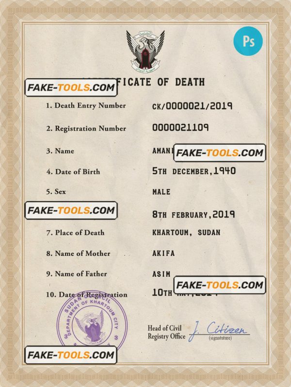 Sudan death certificate PSD template, completely editable
