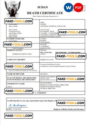 Sudan vital record death certificate Word and PDF template