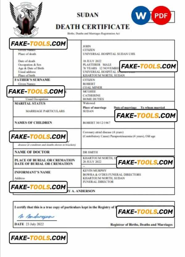 Sudan vital record death certificate Word and PDF template