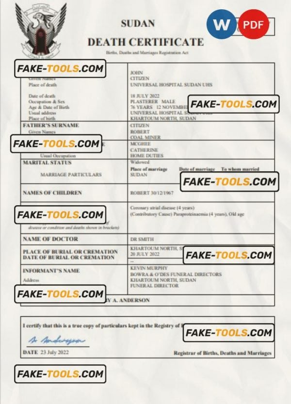 Sudan vital record death certificate Word and PDF template