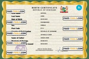 Suriname birth certificate PSD template, completely editable