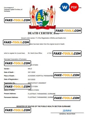 Suriname death certificate Word and PDF template, completely editable