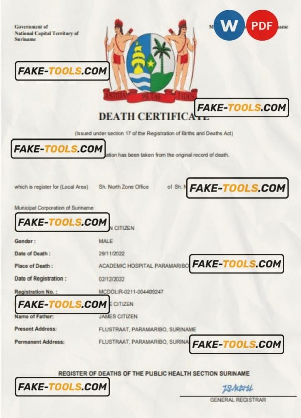 Suriname death certificate Word and PDF template, completely editable