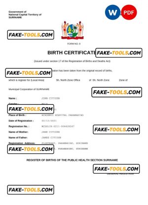 Suriname vital record birth certificate Word and PDF template, completely editable