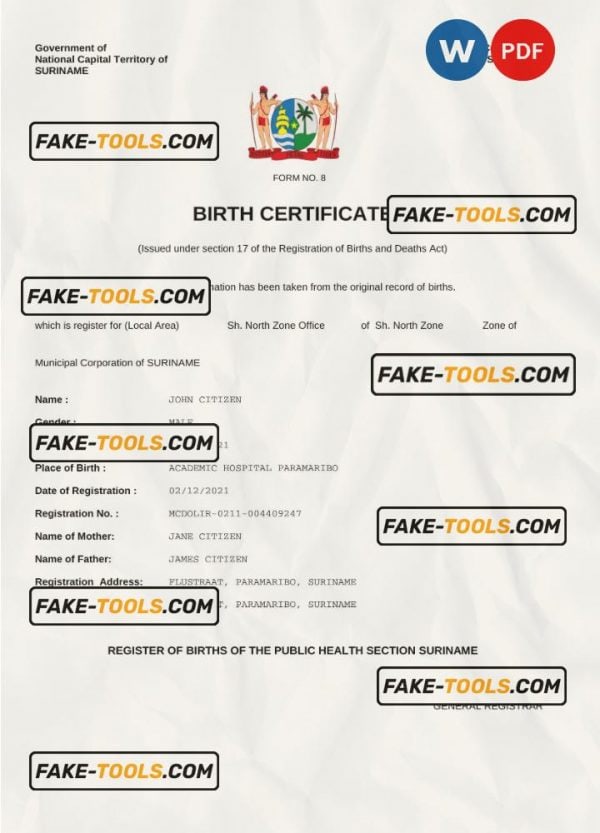 Suriname vital record birth certificate Word and PDF template, completely editable