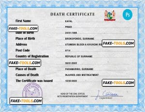 Suriname vital record death certificate PSD template, completely editable