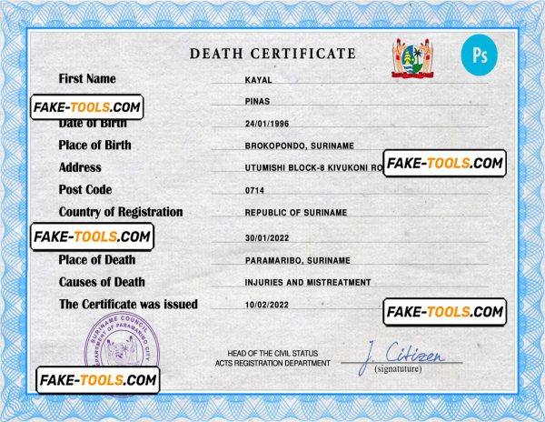 Suriname vital record death certificate PSD template, completely editable