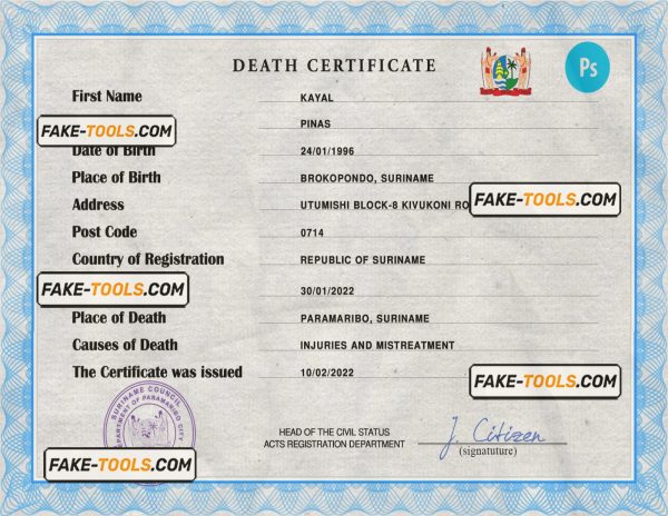 Suriname vital record death certificate PSD template, completely editable