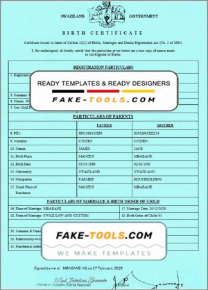 Swaziland birth certificate template in Word and PDF format