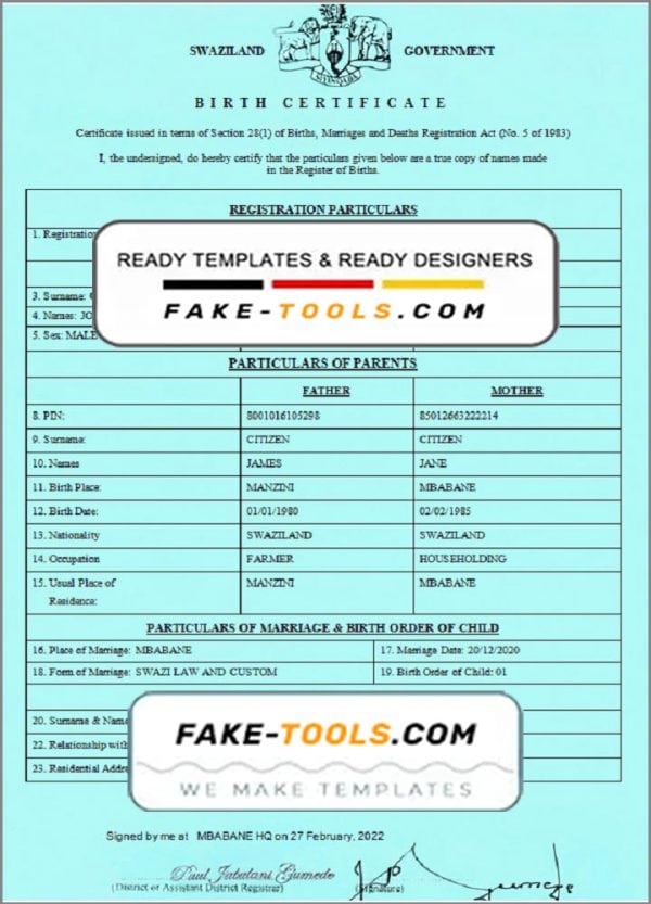 Swaziland birth certificate template in Word and PDF format