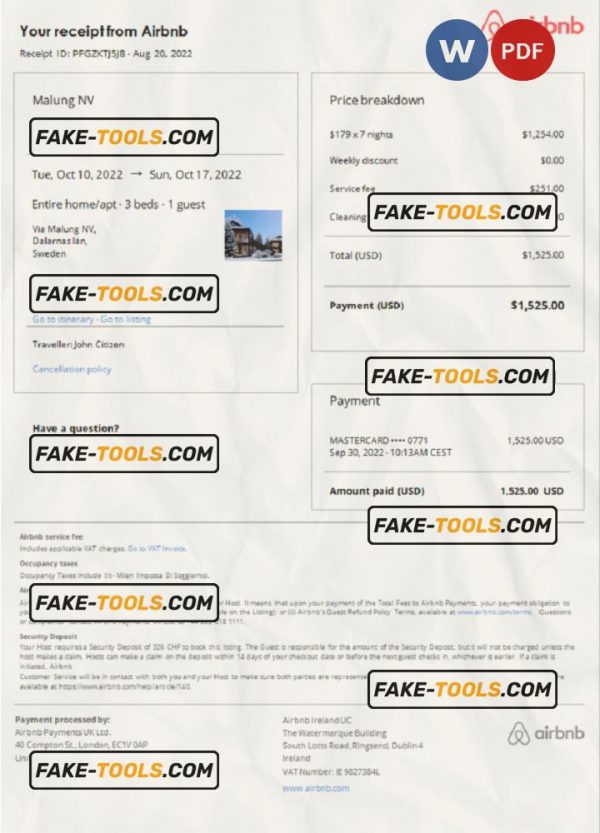 Sweden Airbnb booking confirmation Word and PDF template scan effect