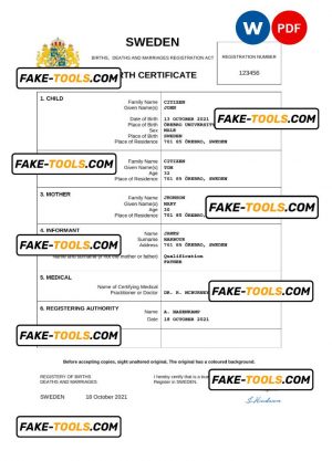 Sweden birth certificate Word and PDF template, completely editable
