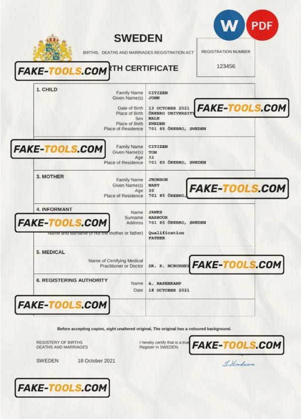 Sweden birth certificate Word and PDF template, completely editable