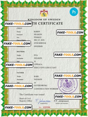 Sweden vital record birth certificate PSD template, fully editable