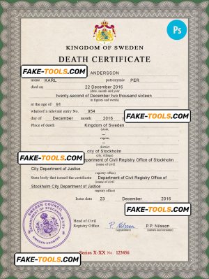 Sweden vital record death certificate PSD template, fully editable