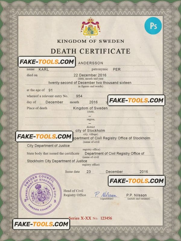 Sweden vital record death certificate PSD template, fully editable
