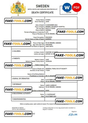 Sweden vital record death certificate Word and PDF template