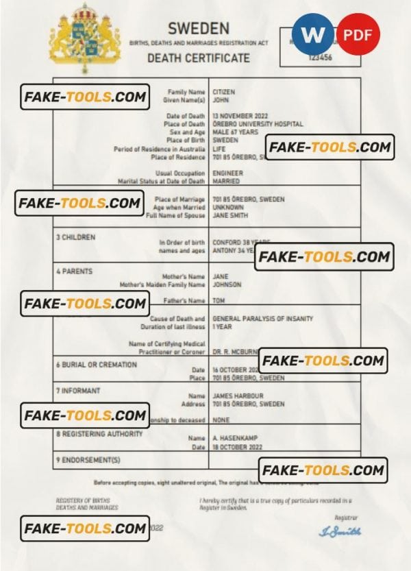 Sweden vital record death certificate Word and PDF template