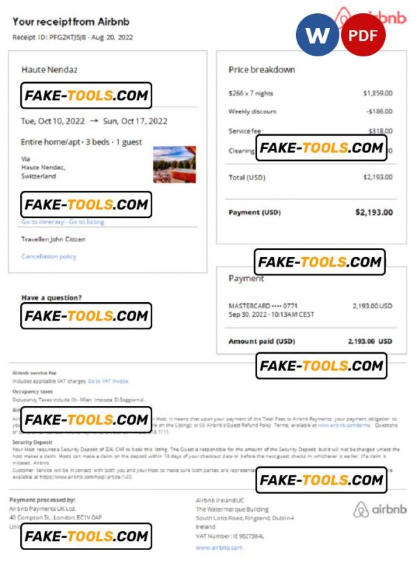 Switzerland Airbnb booking confirmation Word and PDF template