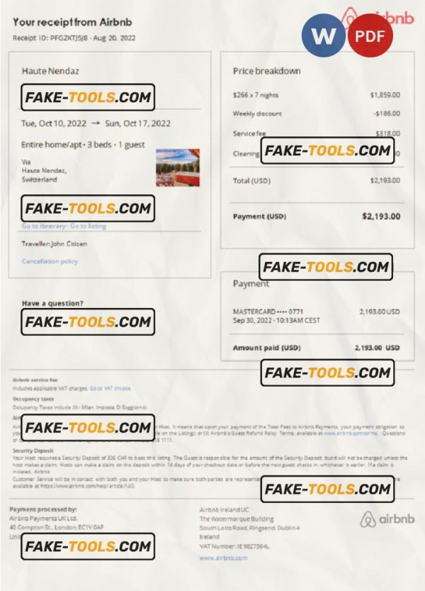 Switzerland Airbnb booking confirmation Word and PDF template scan effect