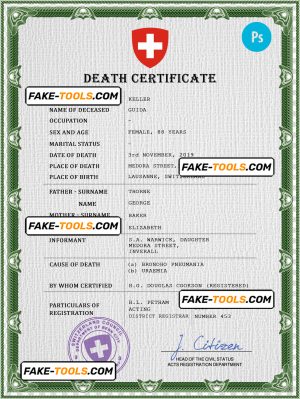 Switzerland death certificate PSD template, completely editable