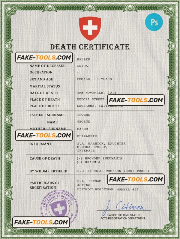 Switzerland death certificate PSD template, completely editable