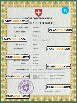Switzerland vital record birth certificate PSD template