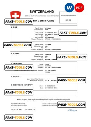 Switzerland vital record birth certificate Word and PDF template, completely editable