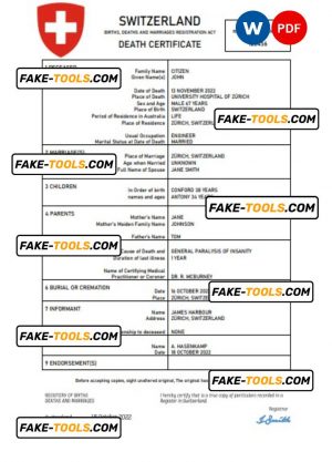 Switzerland vital record death certificate Word and PDF template