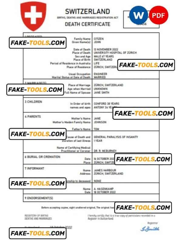 Switzerland vital record death certificate Word and PDF template