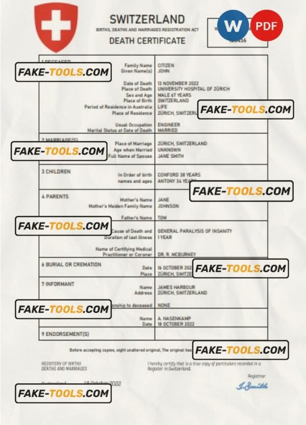 Switzerland vital record death certificate Word and PDF template