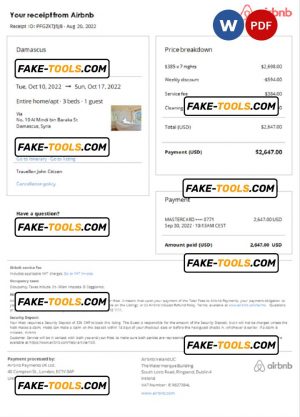 Syria Airbnb booking confirmation Word and PDF template