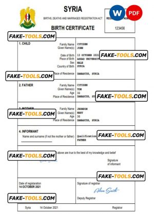 Syria birth certificate Word and PDF template, completely editable