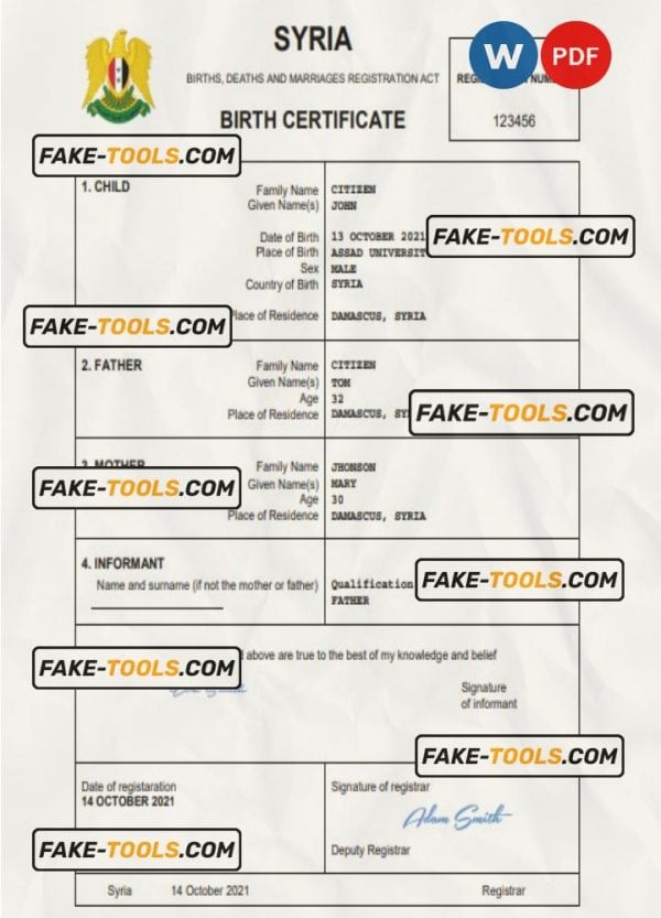 Syria birth certificate Word and PDF template, completely editable