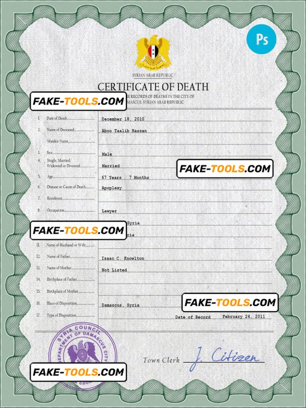Syria vital record death certificate PSD template