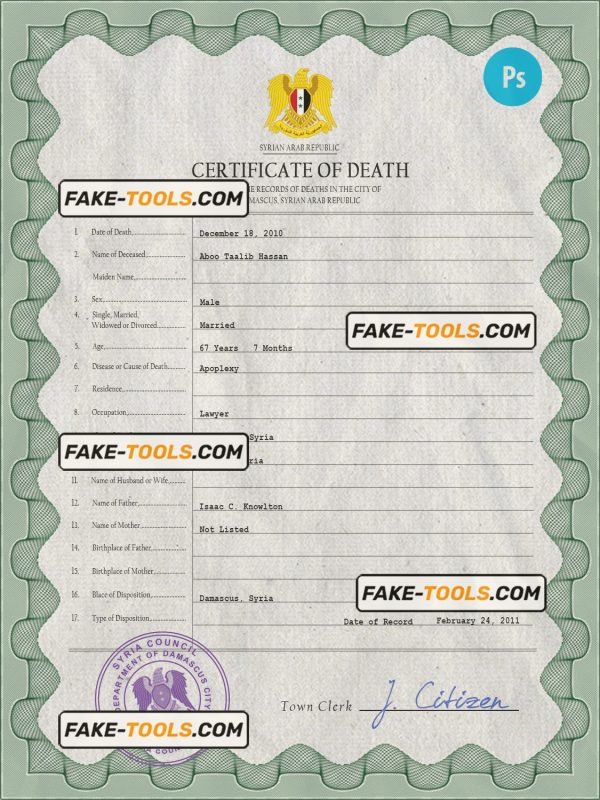 Syria vital record death certificate PSD template