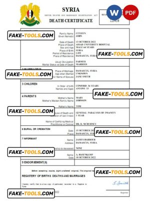 Syria vital record death certificate Word and PDF template
