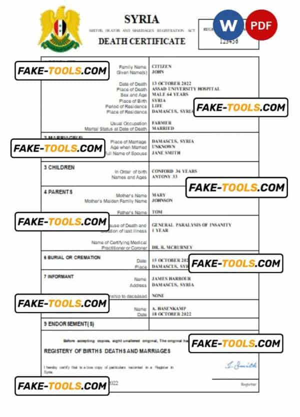 Syria vital record death certificate Word and PDF template
