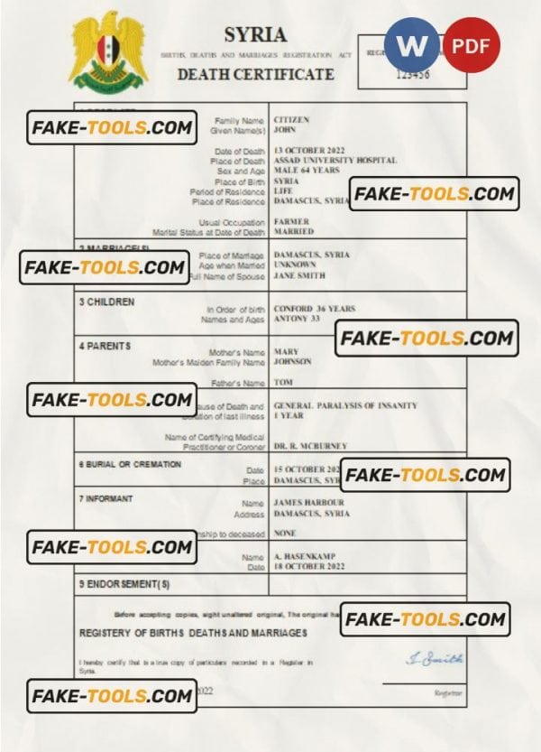 Syria vital record death certificate Word and PDF template