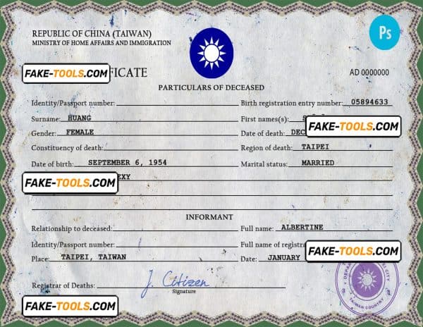 Taiwan death certificate PSD template, completely editable