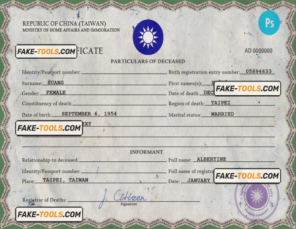 Taiwan death certificate PSD template, completely editable