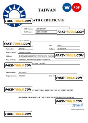 Taiwan death certificate Word and PDF template, completely editable