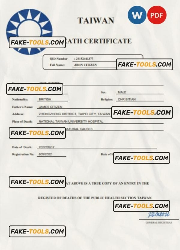 Taiwan death certificate Word and PDF template, completely editable