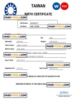 Taiwan vital record birth certificate Word and PDF template, completely editable